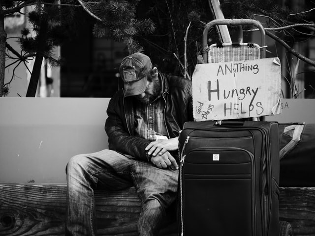 Man sitting hungry on street